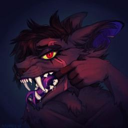ambiguous_gender anthro bodily_fluids dark facial_piercing fangs forked_tongue inner_ear_fluff looking_at_viewer mouth_shot nose_piercing open_mouth piercing red_eyes saliva saliva_string scar solo teeth tongue tuft maynard0 ikaam domestic_cat felid feline felis mammal vampire 1:1 2020 bust_portrait digital_media_(artwork) digital_painting_(artwork) icon painting_(artwork) portrait signature