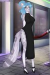 anthro black_clothing black_dress blue_eyes blue_hair breasts clothed clothing dress female fluffy fluffy_tail footwear fur grey_body grey_fur hair high_heels inner_ear_fluff markings neon_lights outside ponytail rope shoes sleeveless_dress slim slim_anthro slim_female slit_dress smile solo spots spotted_body spotted_fur street tail teeth tuft window ghostlywafflez ivory_whittaker felid mammal pantherine snow_leopard hi_res signature