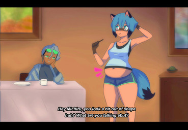 anthro anthro_focus belly belly_overhang belly_peeking_out blue_hair bottomwear breasts candy clothed clothing crumbs_on_face dark_body dark_skin dessert detailed_background dialogue dipstick_tail dolphin_shorts duo ear_piercing eating eating_food eyewear eyewear_on_head facial_markings female food furniture glasses glasses_on_head gloves_(marking) grey_hair grin hair hand_behind_head head_markings holding_candy holding_food holding_object inside looking_at_another markings mask_(marking) medium_breasts muffin_top name_drop navel oblivious orange_body painting_(object) piercing potbelly raised_arm shirt short_hair shorts slightly_chubby slightly_chubby_anthro slightly_chubby_female smile standing style_emulation table tail tail_markings talking_to_another tank_top text thick_thighs topwear undershirt weight_gain bellywg brand_new_animal pocky studio_trigger marie_itami michiru_kagemori canid canine human mammal raccoon_dog tanuki 2020 compression_artifacts digital_media_(artwork) english_text hi_res letterbox