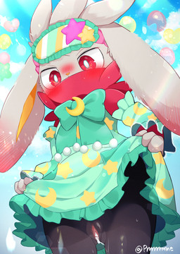 anthro balloon black_body blush blush_lines bodily_fluids bow_ribbon clothed clothing clothing_lift cum cum_in_vagina cum_inside ear_blush eyemask eyewear female fur genital_fluids genitals green_clothing holowear_(pokemon) inflatable moon_symbol multicolored_body pattern_clothing red_body red_eyes solo star_symbol vulva white_body white_fur white_sclera yellow_inner_ear prrrrrrmine nintendo pokemon pokemon_unite bedtime_style_cinderace generation_8_pokemon pokemon_(species) raboot absurd_res hi_res