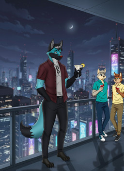 alcohol anthro athletic beverage big_butt black_body black_ears black_fur black_hair black_mohawk blue_body blue_fur bottomwear butt cheek_tuft clothing collared_shirt denim denim_bottomwear denim_clothing dress_shirt facial_tuft fluffy fluffy_ears fluffy_tail fur fuzzy grey_eyes hair huge_butt jeans male mirror mohawk muscular muscular_anthro muscular_male muscular_thighs nails pants rear_view red_nose shirt size_difference solo standing tail toned_body toned_male topwear tuft white_body white_fur adam_karta nicolas_delgado canid canine canis coyote domestic_dog fox german_shepherd herding_dog husky hybrid mammal maned_wolf nordic_sled_dog pastoral_dog spitz hi_res