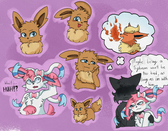 anthro blush brown_body brown_fur fur male male/male mystery neutral_expression pink_body pink_fur purple_background ribbons simple_background thought_bubble white_body white_fur fetus_slurper nintendo pokemon dr._sylveon eevee eeveelution flareon generation_1_pokemon generation_6_pokemon pokemon_(species) sylveon hi_res