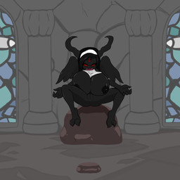 anthro big_breasts black_body black_hair black_skin bottomless breasts clothed clothing female genitals habit hair hat headgear headwear huge_breasts nipples nun solo topwear vulva wings angelthecatgirl the_binding_of_isaac_(series) eve_(angelthecatgirl) eve_(tboi) demon vampire 1:1 hi_res
