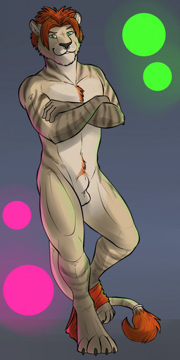 animal_genitalia anthro chest_tuft crossed_arms facial_piercing front_view fully_sheathed fur genitals glistening glistening_eyes green_eyes hair looking_at_viewer male male_anthro nose_piercing nose_ring nude orange_hair orange_pubes piercing pubes ring_piercing septum_piercing septum_ring sheath short_hair simple_background smile solo standing striped_arms striped_legs tail tail_tuft tan_body tan_fur tan_tail tuft hufnaar felid lion mammal pantherine full-length_portrait hi_res portrait