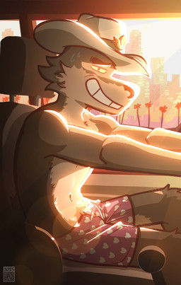 anthro bodily_fluids boxers_(clothing) boxers_only brown_body car car_seat city city_background clothed clothing cowboy_hat cowboy_hat_only driving driving_car hat hat_only headgear headgear_only headwear headwear_only heart_boxers heart_clothing heart_print heart_symbol heart_underwear light light_beam looking_at_viewer male mostly_nude navel open_mouth palm_tree plant print_clothing public scene_interpretation smile smiling_at_viewer solo sunbeam sunlight sunrise sweat topless topless_male tree underwear underwear_only vehicle cesarpolarart dreamworks the_bad_guys mr._wolf_(the_bad_guys) canid canine canis mammal wolf 2025 absurd_res digital_media_(artwork) hi_res shaded
