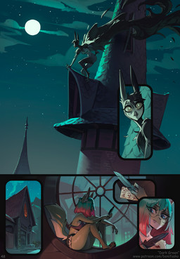 anthro blood blood_writing blue_eyes bodily_fluids bottomwear breasts clothing cloud duo eyelashes eyewear feathers featureless_breasts female fur glasses green_body green_fur hair lamp lantern looking_out_window medieval_architecture moon multicolored_hair night on_roof round_glasses shorts sky star starry_sky tail text two_tone_hair window window_sill bonifasko iriska_(bonifasko) ugla_(bonifasko) avian bird domestic_cat felid feline felis mammal owl 2025 comic english_text hi_res