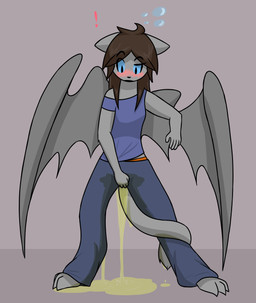 anthro blush bodily_fluids clothed clothing drunk exclamation_point female fully_clothed genital_fluids peeing solo substance_intoxication urine watersports wetting wings frmcast351 lucy_(frmcast351) demon felid mammal 2018 absurd_res hi_res