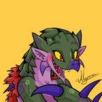 anthro blinking cute_fangs eyebrow_wiggle eyebrows fangs female green_body green_scales humanoid_pointy_ears membrane_(anatomy) membranous_wings pointy_ears purple_body purple_scales red_eyes scales sharp_teeth smile solo spikes spikes_(anatomy) spots teeth tongue winged_arms wings yellow_sclera alyrise capcom monster_hunter mythology dragon dreadqueen_rathian flying_wyvern mammal mythological_creature mythological_scalie rath_wyvern rathian reptile scalie 1:1 2021 animated bust_portrait low_res portrait short_playtime signature