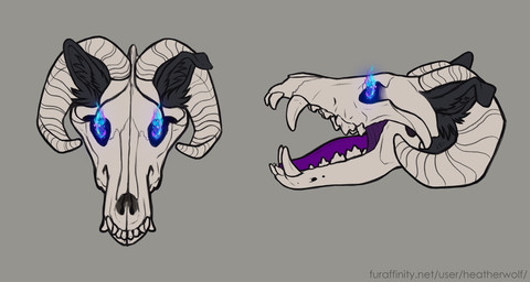 ambiguous_form ambiguous_gender blue_eyes bone eye_mist floppy_ears front_view glowing glowing_eyes grey_background horn open_mouth purple_tongue side_view simple_background skull solo text tongue white_horn heatherwolf canid canine mammal headshot_portrait portrait url
