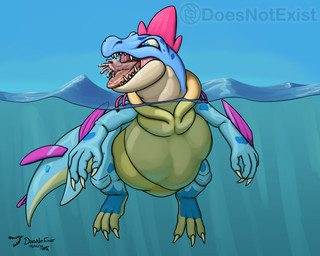 3_toes 4_fingers 5_fingers abdominal_bulge belly blue_body blue_eyes blue_scales bodily_fluids claws countershading duo feet feral feral_pred fin fingers human_prey larger_pred male male_pred neck_bulge open_mouth oral_vore partially_inside partially_submerged pupils saliva scales sharp_teeth size_difference slit_pupils soft_vore swallowing swimming tail tan_body tan_scales teeth thick_tail toe_claws toes tongue underwater vore water doesnotexist nintendo pokemon subscribestar mangrove_snapjaw crocodilian feraligatr generation_2_pokemon human mammal pokemon_(species) reptile scalie 2026 5:4 dated digital_media_(artwork) hi_res signature watermark