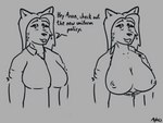 anthro breasts cheek_tuft cleavage clothed clothing collared_shirt dialogue dress_shirt eyeshadow facial_tuft female makeup nipples no_bra open_clothing open_shirt open_topwear partially_clothed presenting rolled_up_sleeves shirt simple_background smile smirk solo speech_bubble teasing text topwear tuft asphalt_(artist) canid canine canis mammal wolf absurd_res comic english_text hi_res monochrome sequence