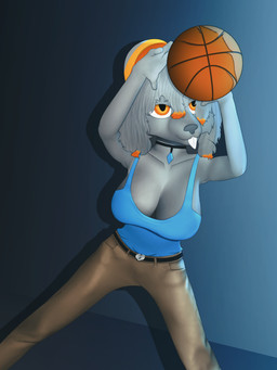 anthro ball basketball_(ball) blue_clothing blue_shirt blue_tank_top blue_topwear breasts buckteeth choker cleavage clothed clothing female fur grey_body grey_fur hair jewelry khaki_pants necklace orange_eyes shirt solo tank_top teeth topwear conditional_dnp gusta gusty_(gusta) chinchilla chinchillid mammal rodent hi_res herm_(lore)