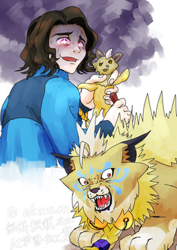 blush creepy_face doll duo facial_markings feral head_markings male markings red_eyes scared screaming tusks ekumon bandai_namco digimon digimon_beatbreak kyo_sawashiro cougarmon digimon_(species) human mammal hi_res
