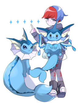 :3 ambiguous_gender backpack blue_body blue_eyes blue_hair clothing duo eyebrows eyewear female feral footwear glasses grey_eyes hair legwear looking_at_viewer looking_back multicolored_hair red_hair shoes simple_background sitting tail two_tone_hair toripoke710 nintendo pokemon penny_(pokemon) eeveelution generation_1_pokemon human mammal pokemon_(species) vaporeon 2025 hi_res