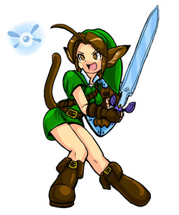 armwear big_breasts boots breasts brown_eyes brown_hair clothing cosplay duo elbow_gloves female fingerless_gloves footwear gloves hair handwear holding_melee_weapon holding_object holding_sword holding_weapon inner_ear_fluff long_hair melee_weapon open_mouth shield shoes simple_background sword tuft weapon white_background nekonny caribbean_blue nintendo ocarina_of_time the_legend_of_zelda link navi yuki_(caribbean_blue) animal_humanoid cat_humanoid felid felid_humanoid feline feline_humanoid humanoid mammal mammal_humanoid 2007 5:6