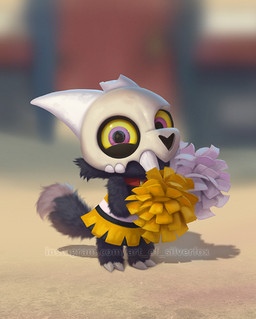anthro asymmetrical_horns bone broken_horn cheerleader cheerleader_outfit chibi clothing collar daww fur grey_body grey_fur horn male skull skull_head solo teeth yellow_sclera young young_anthro silverfox5213 disney the_owl_house king_clawthorne canid canid_demon canine demon mammal titan_(the_owl_house) 2021 digital_media_(artwork) digital_painting_(artwork) painting_(artwork)