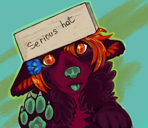 anthro blep blue_flower box box_on_head container ears_down flower fur green_nose green_pawpads hair male meme_face orange_eyes pawpads paws pivoted_ears plant red_body red_fur red_hair serious solo star_eyes tongue tongue_out drunkmagpie canid canine mammal graphite_(artwork) hi_res icon meme portrait sketch traditional_media_(artwork)
