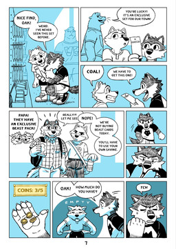 anthro bottomwear card_pack clothing coin dialogue eyes_closed female male pants shirt short store text tongue tongue_out topwear young saran_kit canid canine canis capybara caviid mammal rodent wolf comic english_text hi_res brother_(lore) brothers_(lore) father_(lore) mother_(lore) parent_(lore) sibling_(lore)