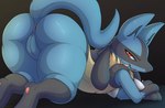 2018 all_fours anthro anus ass_up bedroom_eyes belly bent_over big_butt biped black_background black_body black_fur black_hair blue_body blue_fur blue_pussy butt canid canine digital_media_(artwork) eyebrows female fluffy fluffy_tail fur generation_4_pokemon genitals grey_anus hair half-closed_eyes hi_res innie_pussy kuroodod long_hair looking_at_viewer looking_back looking_back_at_viewer lucario mammal multicolored_body multicolored_fur narrowed_eyes nintendo nude open_mouth open_smile pawpads paws pink_pawpads pink_tongue plump_labia pokemon pokemon_(species) presenting presenting_anus presenting_hindquarters pussy raised_tail rear_view red_eyes seductive simple_background smile solo tail tan_belly tan_body tan_fur thick_thighs tongue wide_hips