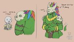 anthro bone bone_mask clothed clothing duo eyes_closed green_body male mask simple_background skull skull_mask tail text biskierisky terraria witch_doctor_(terraria) human lihzahrd lizard mammal reptile scalie absurd_res english_text hi_res