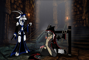 bdsm bodily_fluids bondage bound cum dark dominant dominant_female dungeon duo female genital_fluids pain setmann123 asinus bovid caprine donkey equid equine goat mammal digital_media_(artwork)