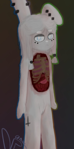 anthro cross female genitals gore guts intestines inverted_cross liver lung open_chest open_chest_cavity organs piercing rib_cage ringed_eyes stomach vulva wounded young manyanz lagomorph leporid mammal rabbit absurd_res hi_res