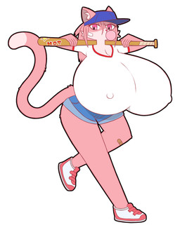 anthro band-aid bandage baseball_bat baseball_cap bat_(object) big_breasts breasts bubble_gum clothing erect_nipples female fur hat headgear headwear huge_breasts hyper hyper_breasts looking_at_viewer nipple_outline nipples pink_body pink_fur solo yoke_pose wafflecat domestic_cat felid feline felis mammal hi_res
