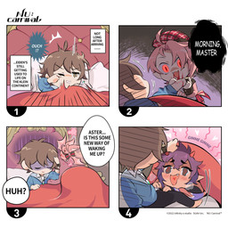 2_horns alternative_fashion ambiguous_gender bed bite_mark blood bodily_fluids canon_couple chibi clothed clothing dialogue fangs feral furniture group horn human_to_feral instant_transformation j-fashion male master multiple_forms ouji_(fashion) sleeping species_transformation speech_bubble teeth text transformation trio under_covers unknown_artist nu:_carnival aster_(nu:_carnival) eiden_(nu:_carnival) morvay_(nu:_carnival) bat demon demon_humanoid human humanoid mammal vampire 1:1 comic english_text hi_res official_art