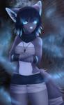 2018 absurd_res anthro blue_eyes blue_hair breasts canid canine clothed clothing digital_media_(artwork) felid female fur hair hi_res jewelry mammal midriff navel nayel-ie necklace smile solo standing