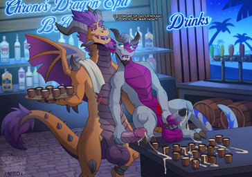 3_toes 4_fingers alcohol alcohol_bottle anthro arm_spikes balls bar beverage beverage_bottle blue_eyes bodily_fluids bottle claws container cum cum_in_a_cup cum_in_container digitigrade duo erection eyebrows facial_hair facial_horn feet fingers genital_fluids genitals goatee hair horn humanoid_genitalia humanoid_penis knee_spikes leg_spikes male male/male masturbation membrane_(anatomy) membranous_wings nose_horn nude orange_body palm_tree penis plant purple_eyebrows purple_eyes purple_hair purple_tongue ribbed_penis scales scar shoulder_spikes spikes spikes_(anatomy) spiral_knees tail tail_tuft text toes tongue tree tuft ventral_scales white_sclera wings x_scar conditional_dnp xnirox activision mythology spyro_reignited_trilogy spyro_the_dragon chrono_eternae rescued_dragons_(spyro) titan_(spyro) dragon mythological_creature mythological_scalie scalie 2025 hi_res