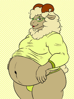 anthro belly big_belly breasts bulge clothed clothing eyewear fur glasses green_eyes green_eyewear green_glasses hair horn male nipples obese overweight solo white_body white_fur kranlax_karasu nacho_cabrito bovid caprine goat mammal 3:4 digital_media_(artwork) hi_res tagme