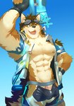 abs anthro clothing countershading eyewear flaccid genitals goggles male muscular muscular_male nipples pecs penis penis_base solo superhero swimwear torn_clothing toy toy_gun water_gun owatana0 lifewonders live_a_hero barrel_(live_a_hero) canid canine canis mammal wolf absurd_res hi_res