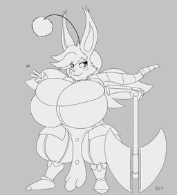 anthro armor axe battle_axe big_breasts boots bracers breasts clothing double_bitted_axe fantasy_weapon female footwear gauntlets gloves grey_background handwear huge_breasts hyper hyper_breasts long_ears melee_weapon puffy_pants shoes shortstack shortstack_female simple_background solo unconvincing_armor warrior weapon vant_talon final_fantasy square_enix erakir mammal moogle absurd_res greyscale hi_res monochrome
