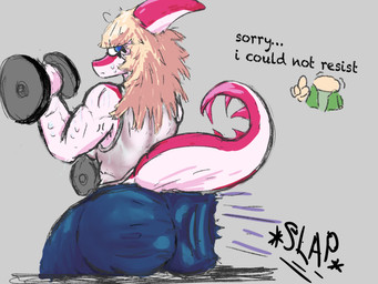 annoyed anthro anthro_focus bald big_butt biped blonde_hair blue_bottomwear blue_clothing blue_eyes blue_pants bodily_fluids bone_frill bottomwear butt butt_slap clothed clothed_anthro clothed_female clothed_human clothed_male clothing cutaway dialogue duo exercise female female_focus fingers frill_(anatomy) frown green_clothing green_jacket green_shirt green_topwear grey_background hair head_turned human_on_anthro humanoid_hands interspecies jacket long_hair looking_at_viewer looking_back male male/female multicolored_body muscular muscular_anthro muscular_arms muscular_female onomatopoeia pants pink_body rear_view shirt simple_background sitting slap sound_effects spiked_tail spikes spikes_(anatomy) sweat sweatdrop tail talking_to_another tank_top text topwear two_tone_body unimpressed weightlifting white_body white_clothing white_shirt white_tank_top white_topwear workout caldinie1 cavemanon_studios i_wani_hug_that_gator snoot_game anon_(snoot_game) mia_moretti dinosaur hadrosaurid human mammal ornithischian ornithopod parasaurolophus prehistoric_species reptile scalie 4:3 colored english_text shaded