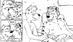 anthro anthro_on_anthro black_and_white blush briefs canid canine canis clothed clothing comic dialogue domestic_dog duo felid french_kissing howie_(vasuki) kissing making_out male male/male mammal monochrome nipple_piercing nipples piercing shiba_inu spitz spots tape tongue tongue_piercing topless underwear vasuki