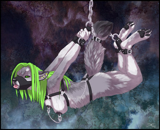 4_toes anthro barefoot bdsm biped bodily_fluids bondage bound claws cuff_(restraint) drooling feet female fluffy_paws gag gagged green_eyes green_hair hair handcuffs hindpaw hogtied leather leather_cuffs linked_nipples metal_cuffs muzzle_(object) muzzle_gag muzzled nipple_chain nipple_clamp nipples nude pawpads paws restraints saliva shackles solo submissive submissive_female suspension tail tail_bondage tail_tied toe_claws toes tongue tongue_out sabretoothed_ermine nebri canid canine mammal 2012
