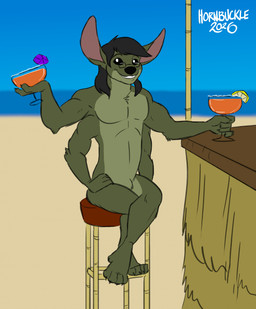 4_arms 5_fingers 5_toes alcohol anthro bar_stool beach beverage biped black_hair black_nose black_sclera claws cocktail cocktail_garnish cocktail_umbrella crossed_legs day eyewear eyewear_only feet finger_claws fingers fur furniture glasses glasses_only green_body green_fur grin grinning_at_viewer hair hand_on_leg hand_on_thigh holding_beverage holding_glass holding_object lemon_slice looking_at_viewer male multi_arm multi_limb nude nude_anthro nude_male outside pupils sitting smile smiling_at_viewer solo stool text toe_claws toes wearing_glasses white_pupils hornbuckle disney lilo_and_stitch kit_yote alien experiment_(lilo_and_stitch) 2026 artist_name digital_drawing_(artwork) digital_media_(artwork) english_description hi_res