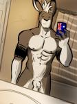 abs animal_genitalia anthro balls balls_above_penis bathroom biceps big_muscles biped brown_body brown_fur cellphone electronics empty_eyes fur genitals hair humanoid_genitalia humanoid_penis hybrid_genitalia hybrid_penis looking_at_viewer male mirror_selfie mohawk muscular muscular_anthro muscular_male navel nipples nude pecs penis phone selfie smartphone smile solo tattoo white_body white_fur white_hair bgn apple_inc. iphone sydney_o'connell kangaroo macropod mammal marsupial 2013 digital_media_(artwork)