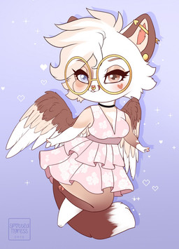 anthro blue_eyes brown_tail brown_wings cheek_tuft chibi clothed clothing dipstick_tail dress ear_piercing eyewear facial_piercing facial_tuft feathered_wings feathers female female_anthro fron front_view glasses hair heterochromia industrial_piercing markings multicolored_hair multiple_piercings nose_piercing nose_ring orange_body orange_eyes piercing pink_clothing pink_dress ring_piercing round_glasses septum_piercing septum_ring simple_background slim_anthro slim_female smile solo tail tail_markings tan_hair tan_wings tuft two_tone_hair white_body white_hair white_tail white_wings wings tiggybloom felid mammal full-length_portrait hi_res portrait