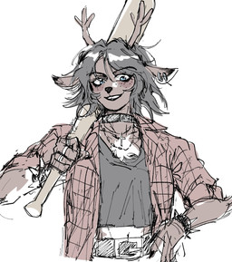 alternative_fashion anthro antlers baseball_bat bat_(object) belt belt_buckle black_clothing black_collar black_hair black_nose black_shirt black_topwear blue_eyes bracelet brown_body brown_fur buckle chest_tuft clothed clothed_anthro clothed_female clothing collar countershade_fur countershade_torso countershading cross cross_necklace digit_ring ear_piercing eyebrows eyelashes female female_anthro finger_ring fingers flannel flannel_shirt freckled_face freckles fully_clothed fully_clothed_anthro fully_clothed_female fur grin grunge_(fashion) hair hand_on_hip holding_object horn jewelry long_ears midriff navel necklace pattern_clothing pattern_shirt pattern_topwear piercing plaid plaid_clothing plaid_shirt plaid_topwear red_clothing red_shirt red_topwear ring ring_piercing shirt short_hair simple_background smile solo spiked_bracelet spikes standing teeth tomboy topwear tuft white_background lina_gtk deltarune undertale_(series) dess_holiday deer mammal new_world_deer reindeer hi_res sketch