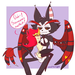 anthro balls black_body black_fur blush breasts butt dialogue duo erection fangs female fluffy fluffy_tail fur genitals hair humanoid_on_anthro interspecies larger_male looking_pleasured male male/female multicolored_body multicolored_fur nude open_mouth open_smile penis red_hair simple_background size_difference smaller_female smile tail teeth text two_tone_body two_tone_fur white_body white_fur wings yellow_body starlightpearl hazbin_hotel hellaverse husk_(hazbin_hotel) niffty_(hazbin_hotel) cyclops demon demon_humanoid domestic_cat felid feline felis humanoid mammal 1:1 english_text hi_res