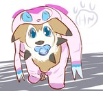 ageplay clothing feral infantilism onesie pacifier pajamas roleplay hangyakuneko nintendo pokemon canid canine canis domestic_dog eeveelution generation_6_pokemon generation_7_pokemon lycanroc mammal midday_lycanroc pokemon_(species) sylveon hi_res