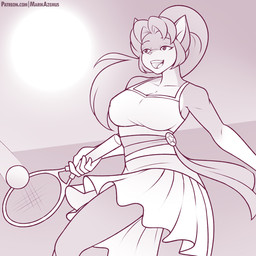 anthro ball big_breasts breasts clothing dress female sport sun tennis tennis_ball tennis_racket marik_azemus34 karma_faye canid canine fox mammal 1:1 2018 hi_res monochrome