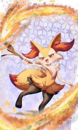 ambiguous_anthro ambiguous_gender anthro biped blush cute_fangs digitigrade dipstick_tail dutch_angle elemental_manipulation fangs fire fire_manipulation flat_chested front_view holding_object holding_stick looking_at_viewer markings on_one_leg open_mouth open_smile smile snout solo standing stick tail tail_markings teeth yumenyao nintendo pokemon braixen canid generation_6_pokemon mammal pokemon_(species) 2026 absurd_res chromatic_aberration digital_drawing_(artwork) digital_media_(artwork) full-length_portrait hi_res portrait