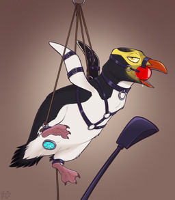 ball_gag bdsm beak bound buttplug buttplug_insertion claws feathers feral gag gagged gagged_drooling half-closed_eyes harness looking_at_viewer male narrowed_eyes offscreen_character plug_(sex_toy) plug_insertion sex_toy sex_toy_insertion solo submissive tail tail_feathers yellow_eyes yellow_sclera mimi-fox avian bird penguin yellow-eyed_penguin colored digital_drawing_(artwork) digital_media_(artwork) hi_res shaded