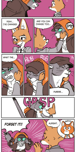 anthro baseball_cap clothing dialogue duo eyebrow_piercing eyewear facial_piercing female glasses green_sclera hat headgear headwear hoodie petting piercing ring speech_bubble suit text thought_bubble topwear gaman_hada dreamworks the_bad_guys diane_foxington kitty_kat_(the_bad_guys) canid canine domestic_cat felid feline felis fox mammal pantherine snow_leopard absurd_res comic english_text hi_res