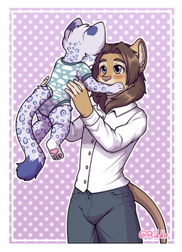 ambiguous_anthro ambiguous_gender anthro blue_eyes blush bottomwear clothed clothing diaper dotted_background duo facial_spots fur grey_body grey_bottomwear grey_clothing grey_fur grey_pants holding_another male male_anthro markings neonate pants pattern_background pawpads pink_pawpads simple_background spots spotted_arms spotted_face spotted_legs spotted_markings spotted_neck spotted_tail standing tail tail_markings tan_body tan_fur topwear wearing_diaper white_clothing white_diaper white_topwear young young_ambiguous riddlr cloud_(ne.k.o.) felid lion mammal pantherine snow_leopard absurd_res hi_res