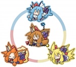 black_eyes blonde_hair blue_hair brown_hair chain eyes_closed fangs female group hair horn orange_hair tail teeth yanagi nintendo pokemon touhou suika_ibuki animal_humanoid canid canine eevee eeveelution flareon generation_1_pokemon humanoid jolteon mammal pokemon_(species) vaporeon