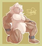 ankle_cuffs anthro biceps border brown_body brown_skin cuff_(restraint) fist fur hand_on_knee hand_on_leg kneeling male multicolored_body muscular muscular_anthro muscular_male pecs pink_nose restraints shackles simple_background solo tan_body tan_fur thick_thighs two_tone_body wrist_cuffs yellow_background yellow_border daviddarient203 nintendo pokemon generation_1_pokemon pokemon_(species) primeape 2024 english_description hi_res spanish_description watermark