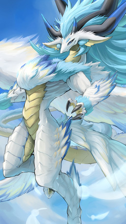 anthro blue_body blue_fur female fur horn sky solo tail tuft white_body white_fur wings kitsuko3310 cygames dragalia_lost european_mythology mythology nintendo styx_(dragalia_lost) dragon mythological_creature mythological_scalie scalie western_dragon absurd_res hi_res
